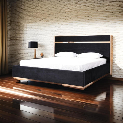 Caer Platform Queen Bed, Black Velvet Upholstery, Rose Gold Steel