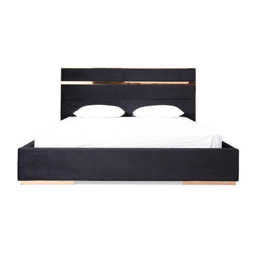 Caer Platform King Bed Black Velvet Upholstery Rose Gold Steel