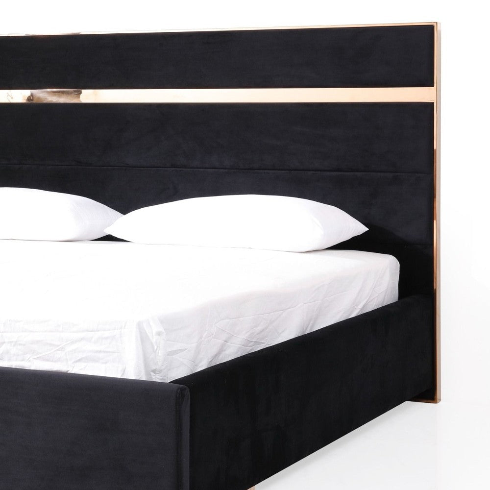Caer Platform King Bed Black Velvet Upholstery Rose Gold Steel