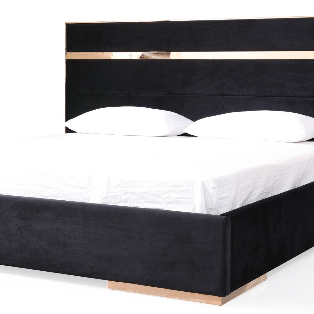Caer Platform King Bed Black Velvet Upholstery Rose Gold Steel