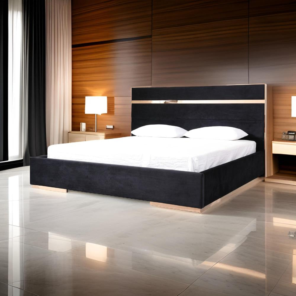 Caer Platform King Bed, Black Velvet Upholstery, Rose Gold Steel