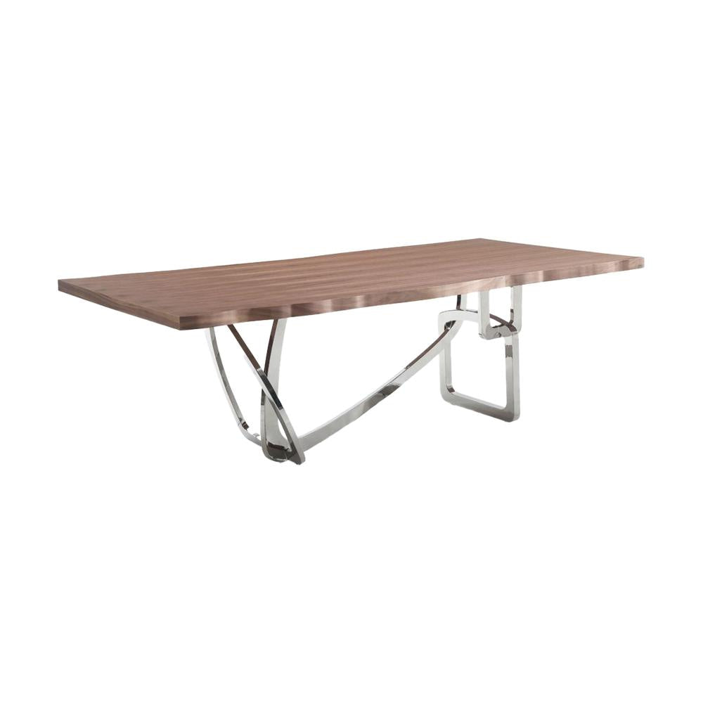 Ady Dining Table, 43x95 Walnut Top, Modern Chrome Steel Abstract Base