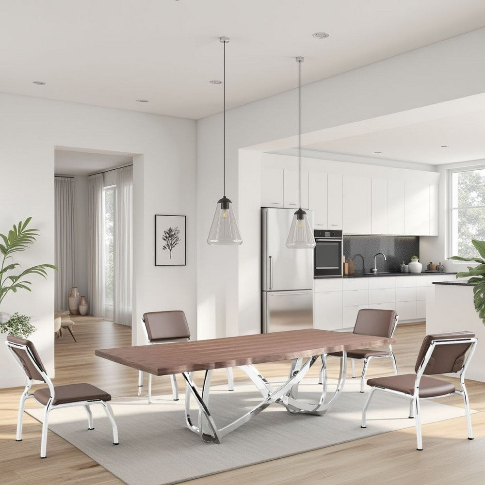 Ady Dining Table, 43x95 Walnut Top, Modern Chrome Steel Abstract Base