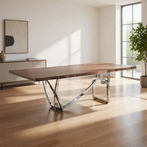 Ady Dining Table, 43x95 Walnut Top, Modern Chrome Steel Abstract Base