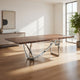 Ady Dining Table, 43x95 Walnut Top, Modern Chrome Steel Abstract Base