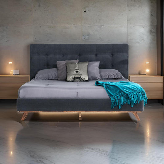 Adia Platform King Bed, Dark Gray Button Tufted Polyester Upholstery