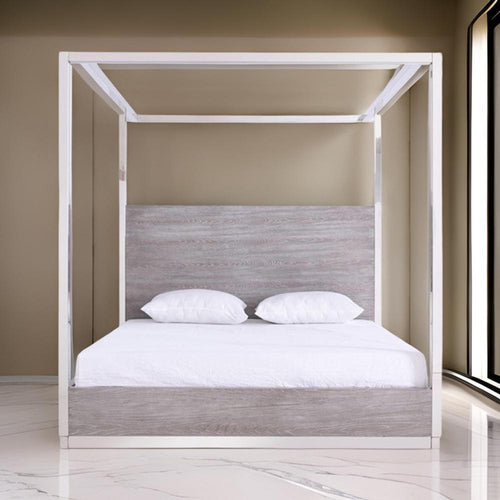 Cid Anvi Platform King Bed, Stainless Steel Canopy, Gray Elm Veneer