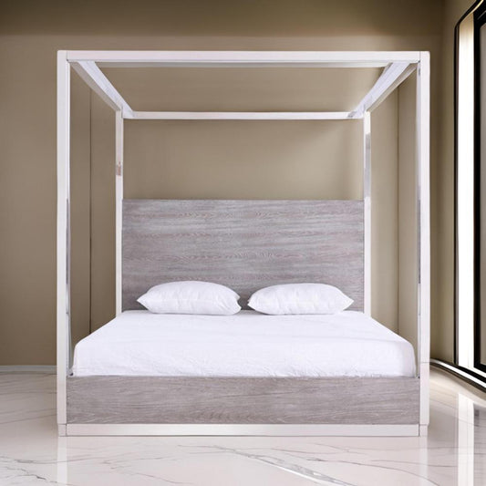 Cid Anvi Platform King Bed, Stainless Steel Canopy, Gray Elm Veneer