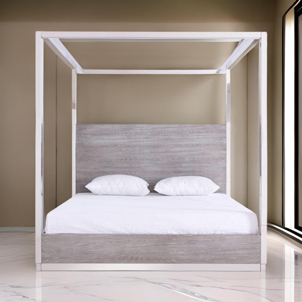 Cid Anvi Platform King Bed, Stainless Steel Canopy, Gray Elm Veneer