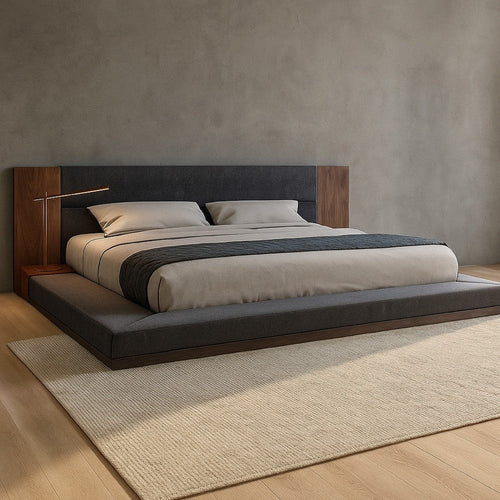 Noe Zen Japanese Low Profile Queen Bed w Nightstand, Dark Gray, Walnut