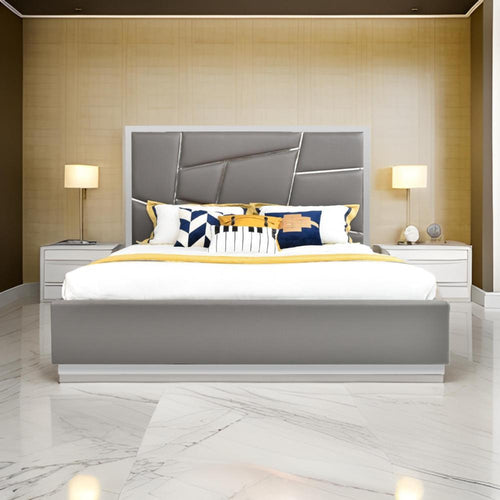 Cid Ape King Bed, Accent Headboard, Gray Bonded Leather Upholstery