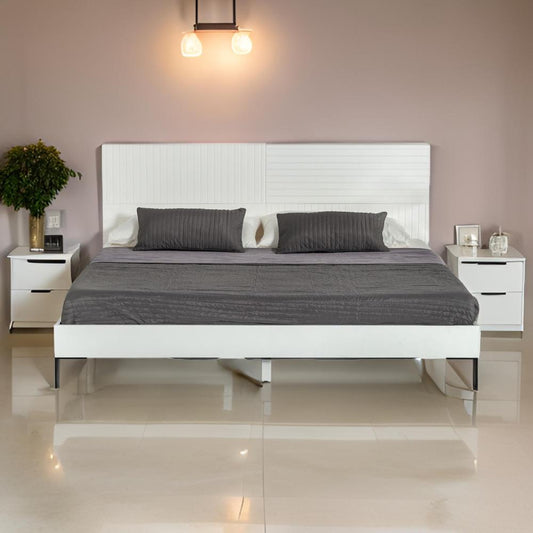 Noe Shin Queen Size Platform Bed, Panel Headboard, White Matte Finish