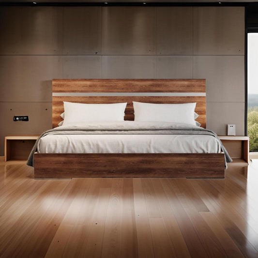 Noe In King Size Bed, Steel Accent Panel Headboard, Light Brown Wood