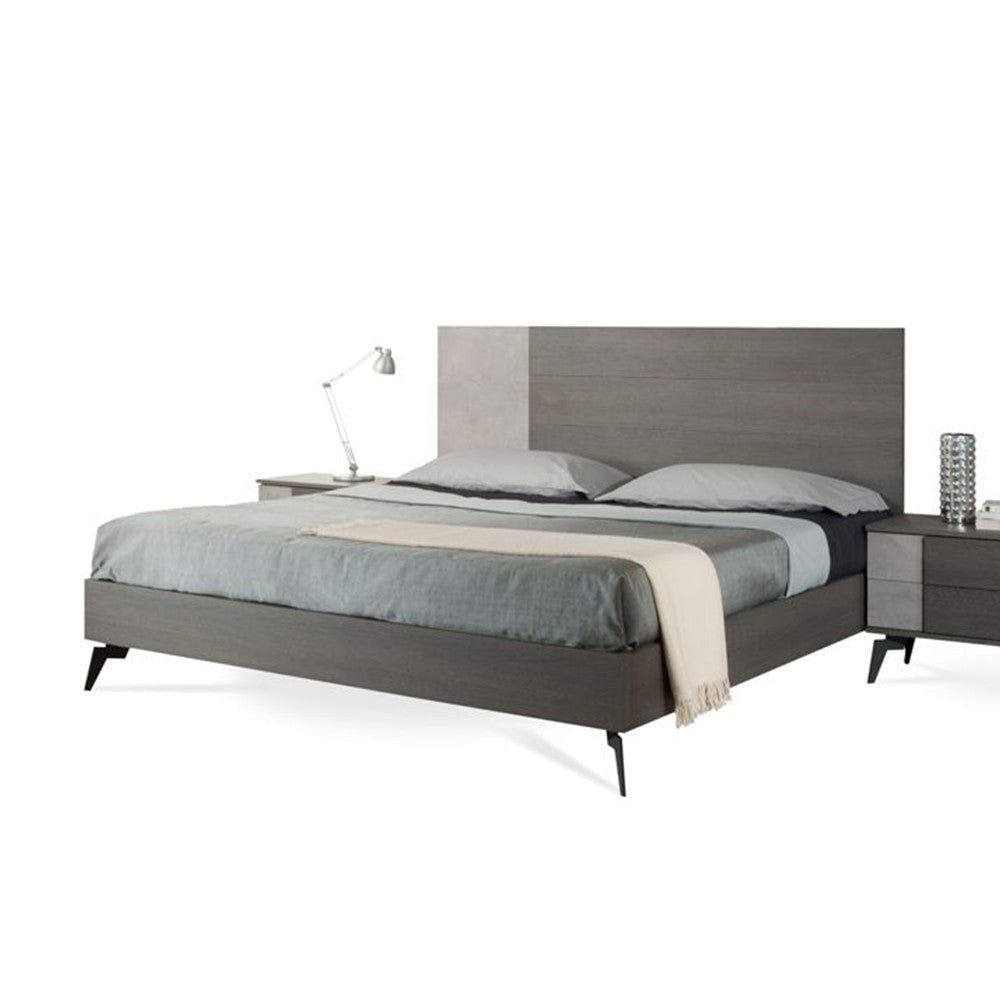 Leen King Size Platform Bed Black Metal Legs Gray Panel Headboard BM325255