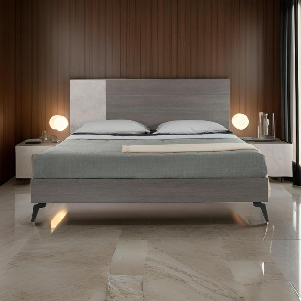 Leen King Size Platform Bed, Black Metal Legs, Gray Panel Headboard