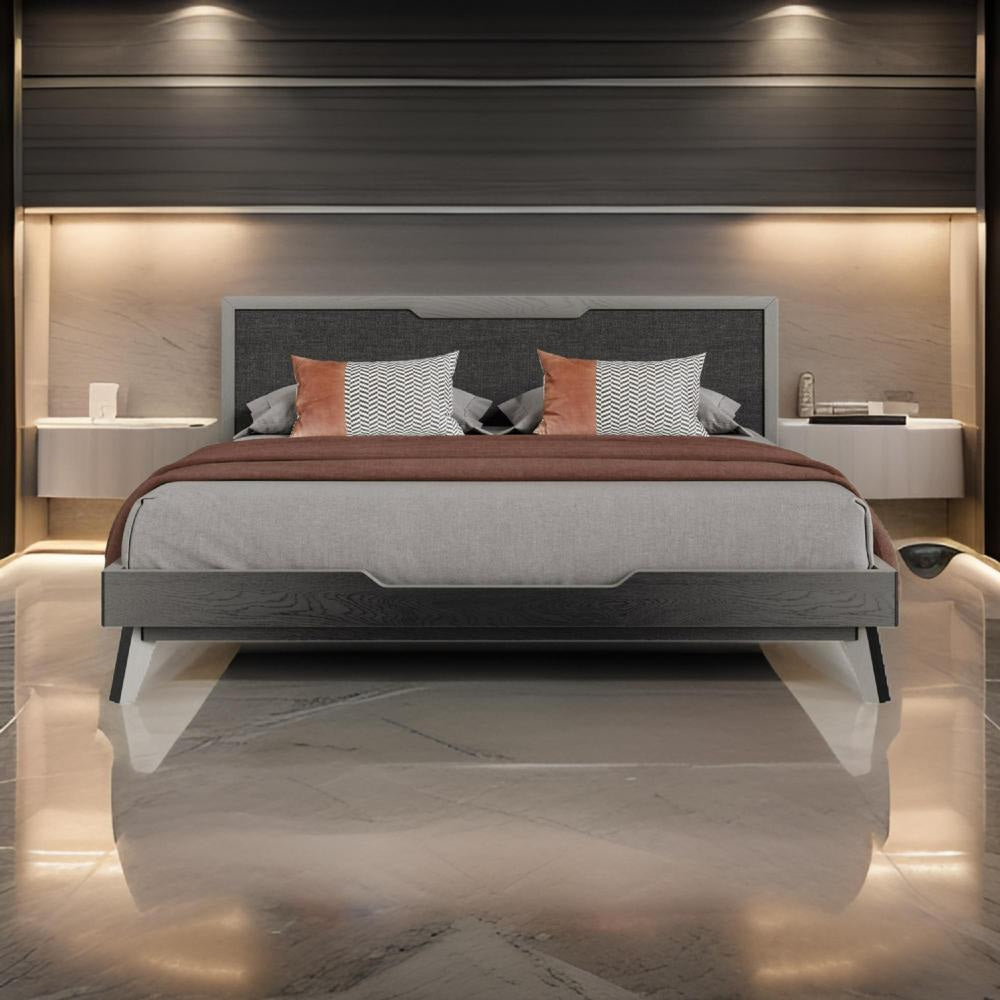 Kiran King Size Platform Bed, Gray Upholstered Headboard, Wood Frame