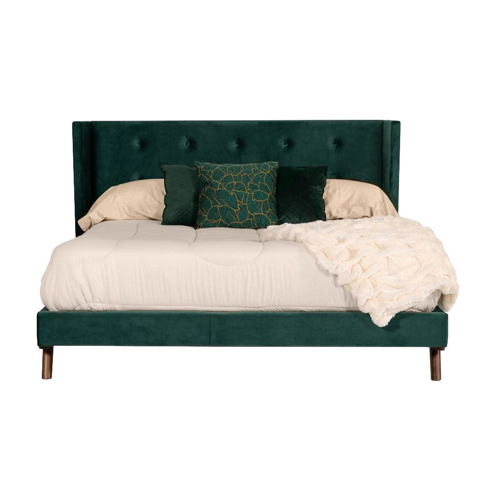 Dury Queen Size Platform Bed Green Velvet Upholstery Tufted Wingback