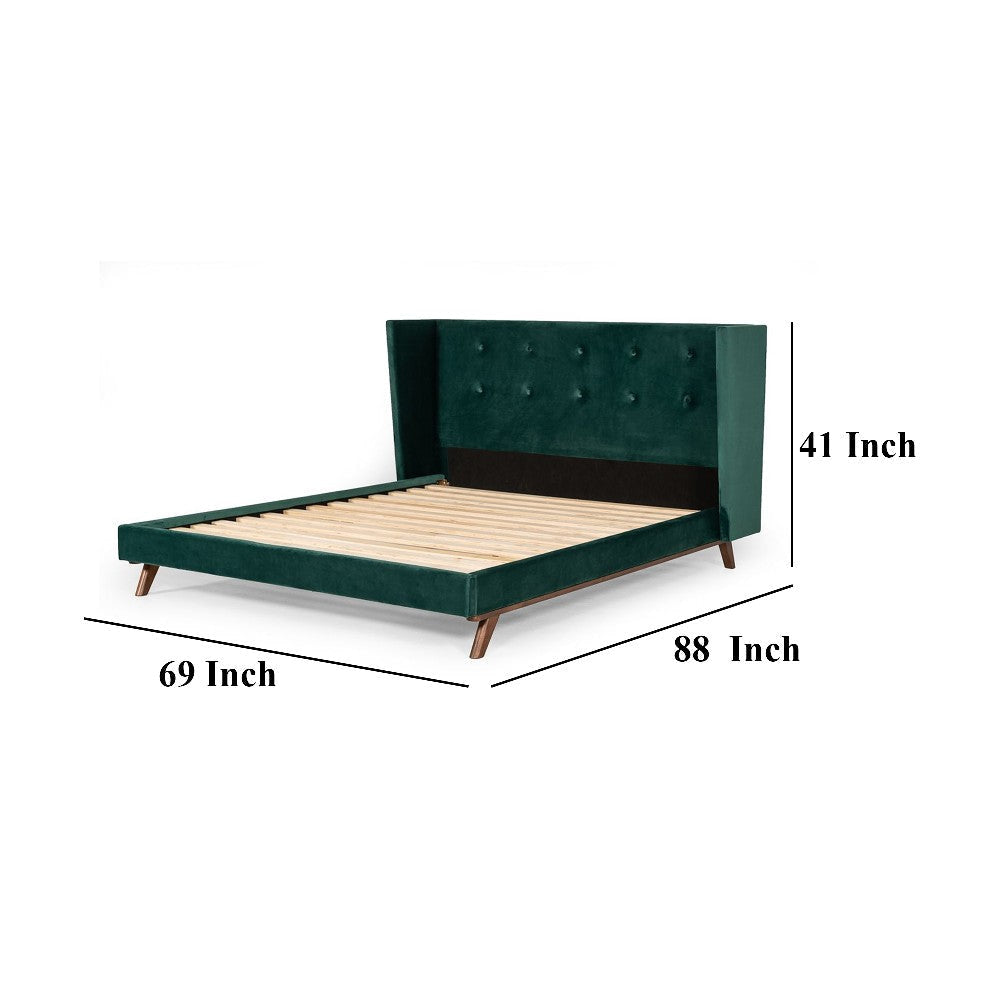 Dury Queen Size Platform Bed Green Velvet Upholstery Tufted Wingback