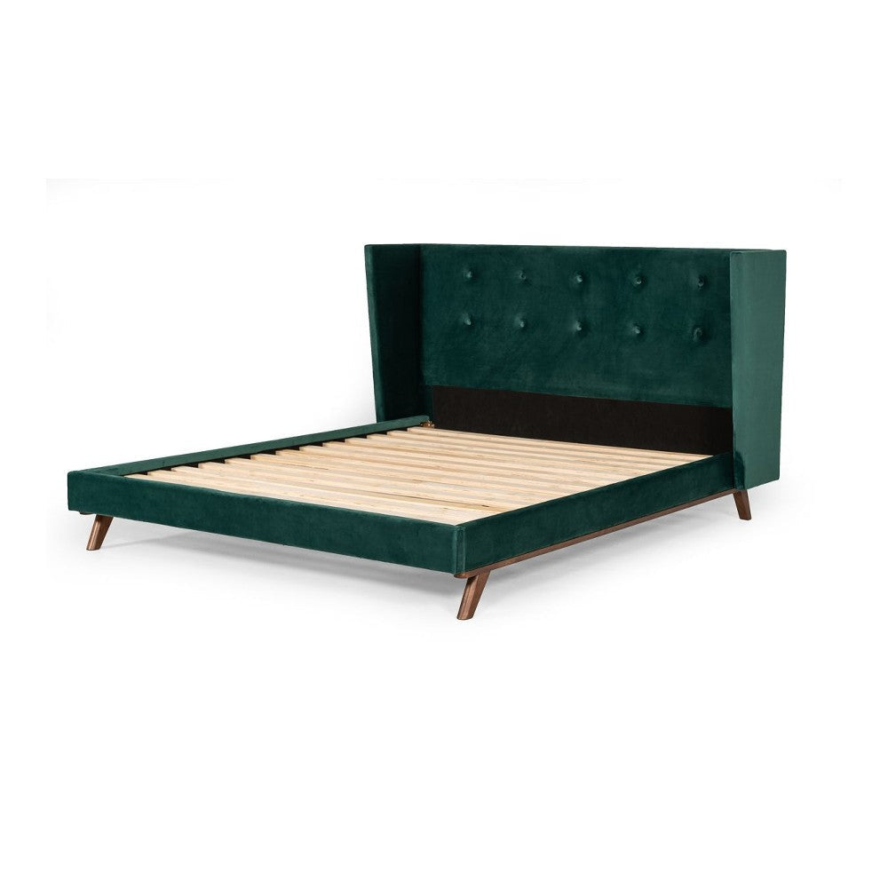 Dury King Size Platform Bed Green Velvet Upholstery Tufted Wingback