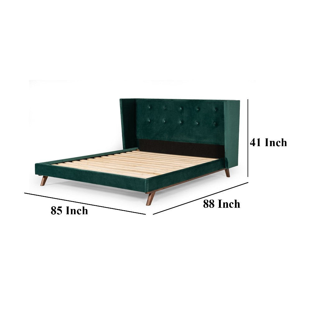 Dury King Size Platform Bed Green Velvet Upholstery Tufted Wingback