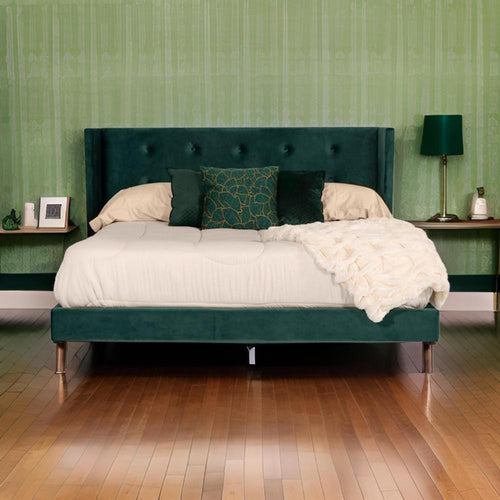 Dury King Size Platform Bed, Green Velvet Upholstery, Tufted Wingback