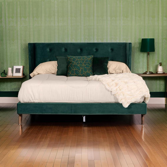 Dury King Size Platform Bed, Green Velvet Upholstery, Tufted Wingback