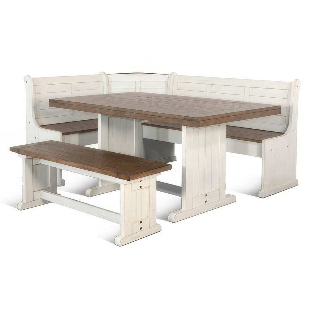 Sime 4pc Corner Breakfast Nook Set | Farmhouse White Brown Dining Table with 3 Benches BM325263