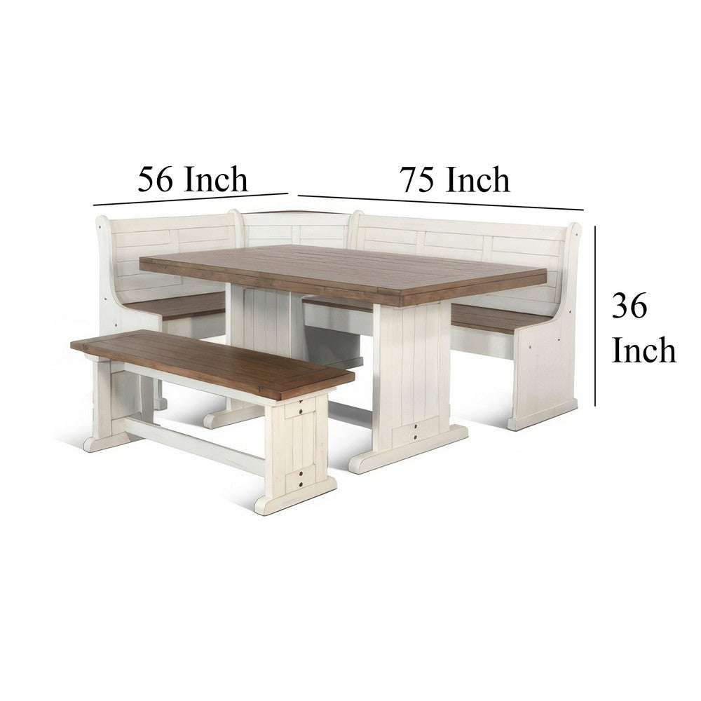 Sime 4pc Corner Breakfast Nook Set | Farmhouse White Brown Dining Table with 3 Benches BM325263