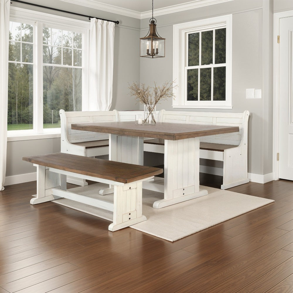 Sime 4pc Corner Breakfast Nook Set | Farmhouse White Brown Dining Table with 3 Benches