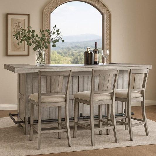 Zeka Freestanding Bar Table, Pull Out Tray, 80" Top, Light Gray Wood