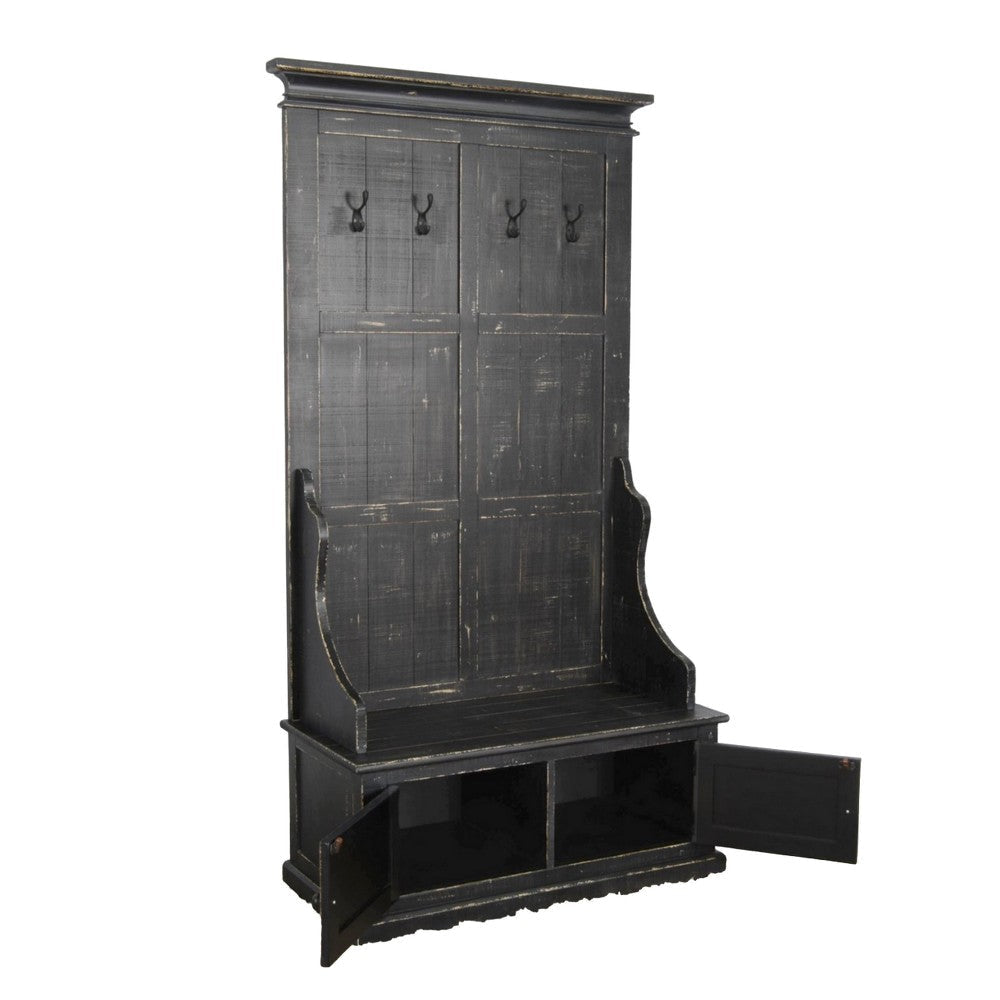 Mary Accent Hall Tree Coat Rack with Bench 4 Hooks Farmhouse Black