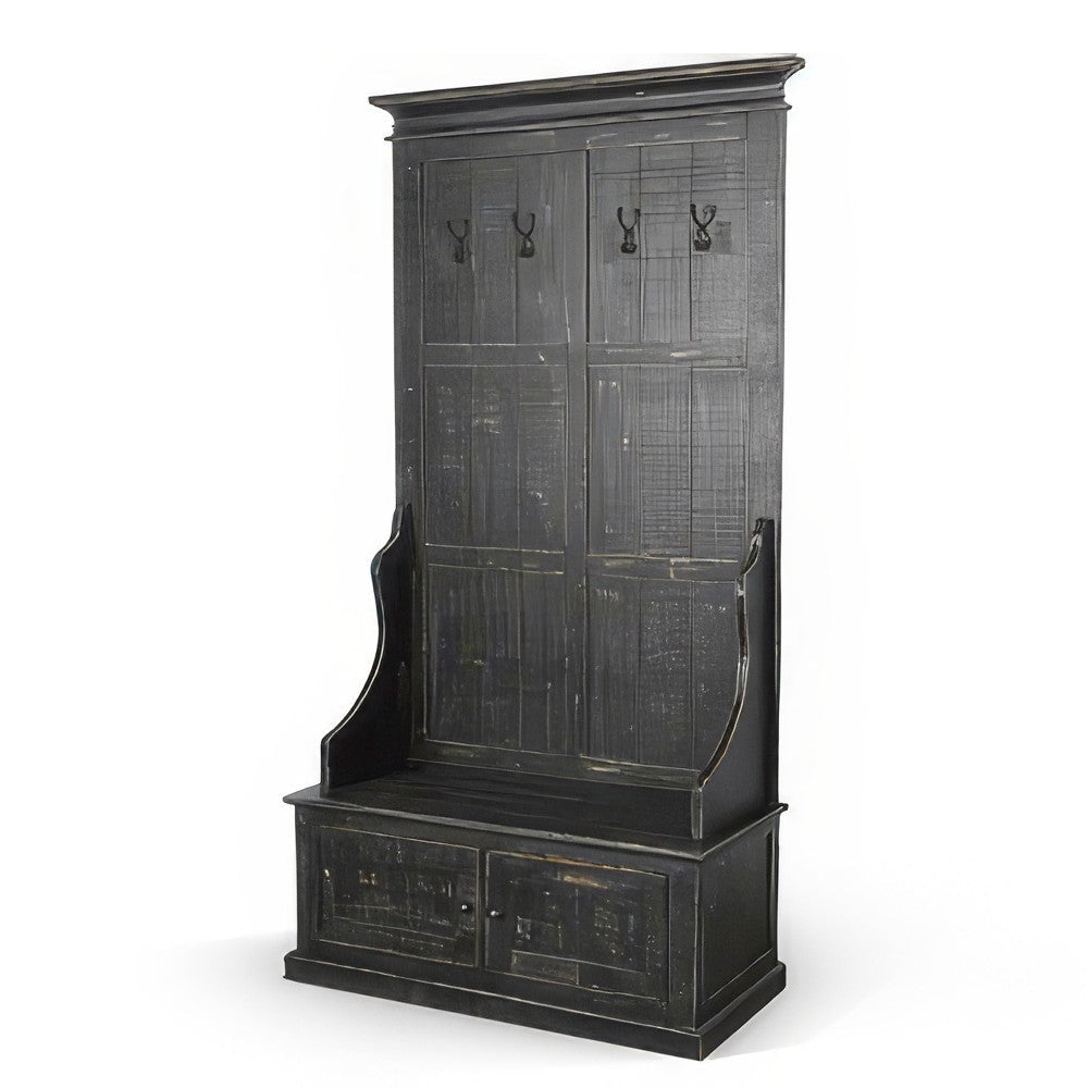 Mary Accent Hall Tree Coat Rack with Bench 4 Hooks Farmhouse Black