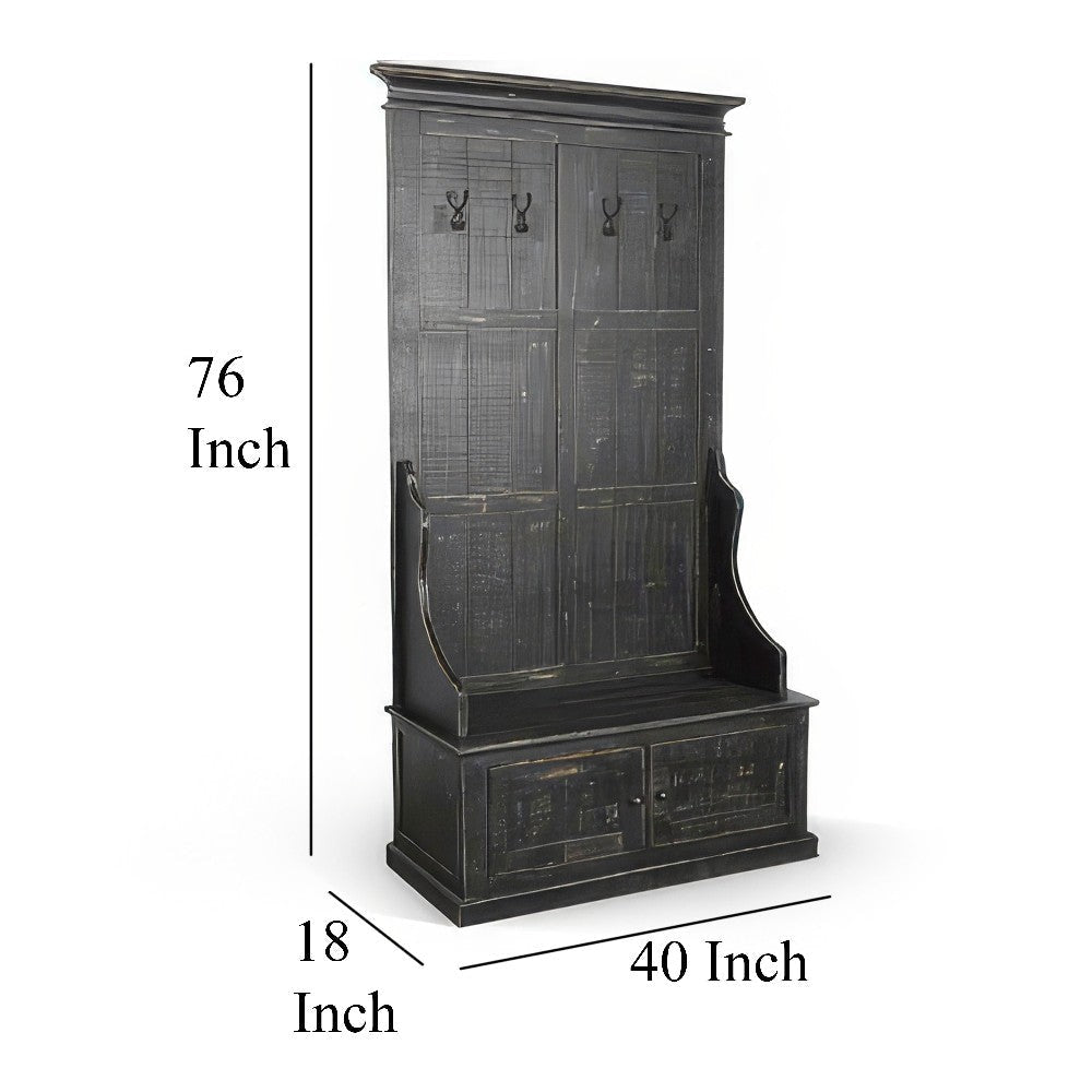 Mary Accent Hall Tree Coat Rack with Bench 4 Hooks Farmhouse Black