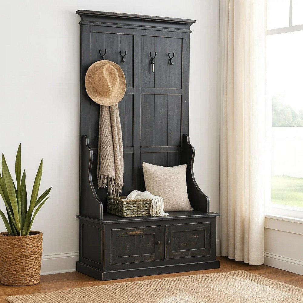 Mary Accent Hall Tree Coat Rack with Bench, 4 Hooks, Farmhouse Black