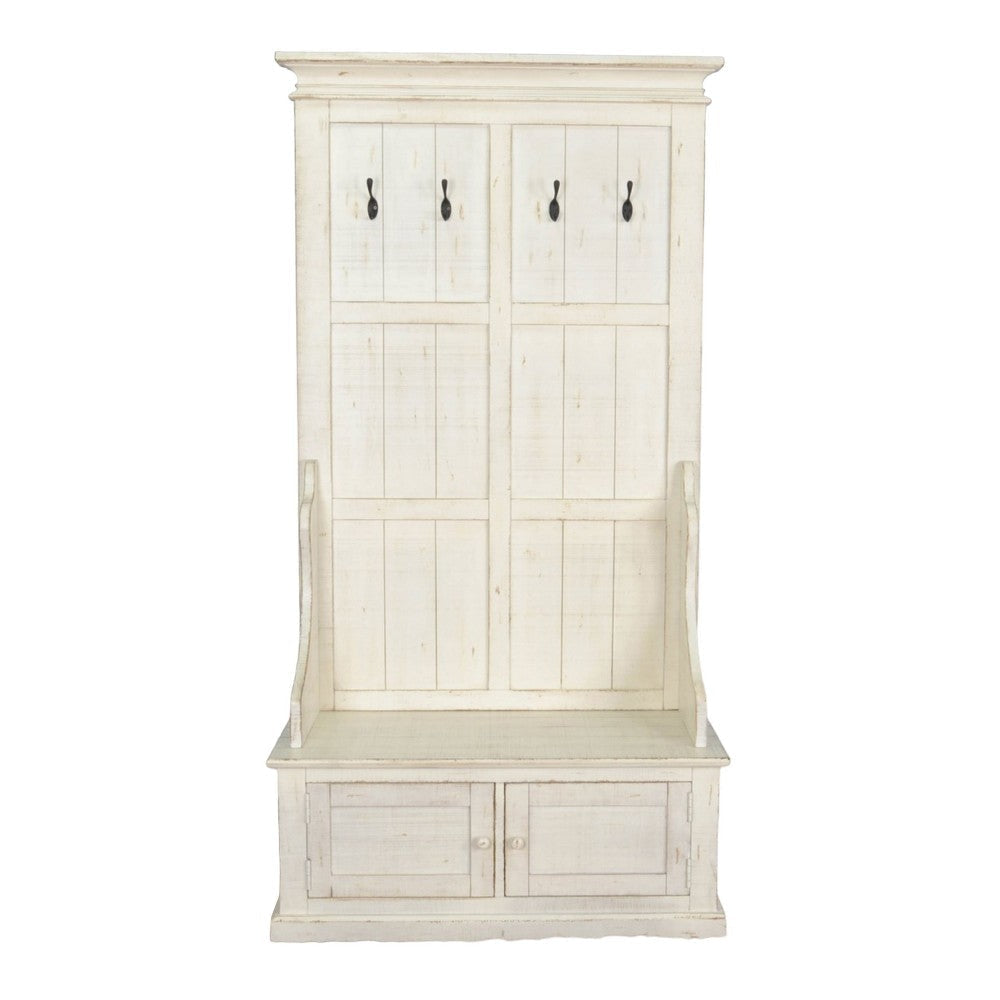 Mary Accent Hall Tree Coat Rack with Bench 4 Hooks Farmhouse White