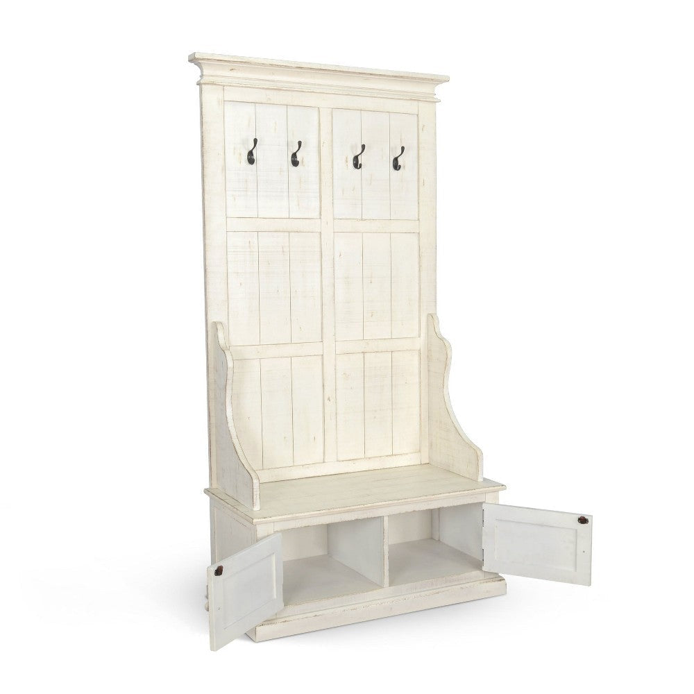 Mary Accent Hall Tree Coat Rack with Bench 4 Hooks Farmhouse White