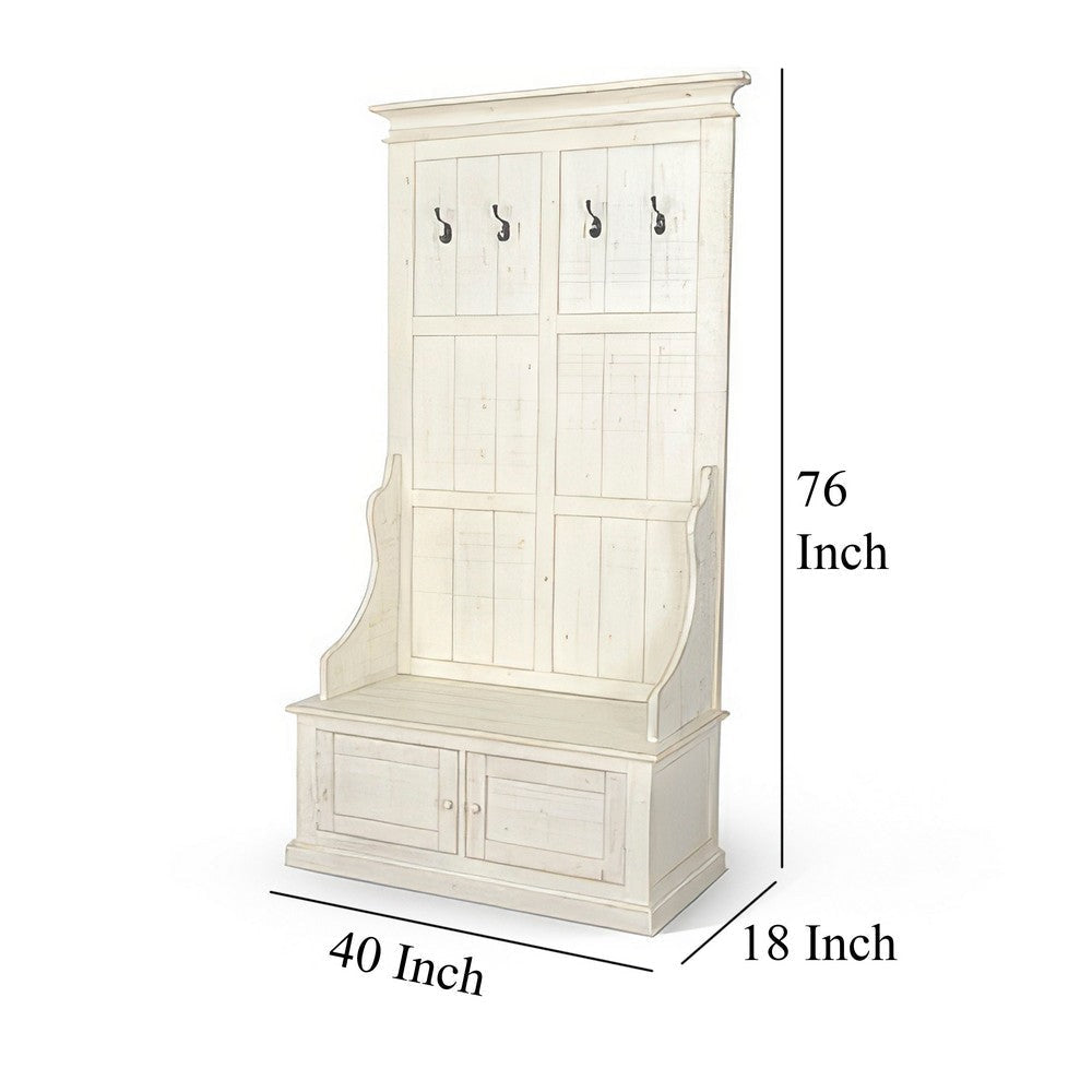 Mary Accent Hall Tree Coat Rack with Bench 4 Hooks Farmhouse White BM325270