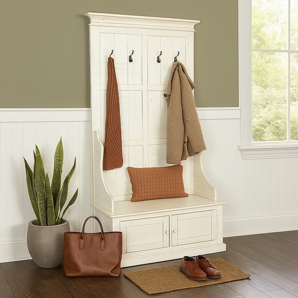 Mary Accent Hall Tree Coat Rack with Bench, 4 Hooks, Farmhouse White