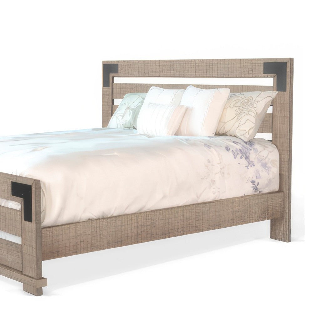 Desy King Size Platform Bed Slatted Headboard Farmhouse Light Brown