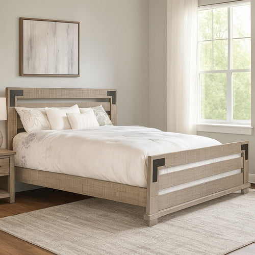 Desy King Size Platform Bed, Slatted Headboard, Farmhouse Light Brown