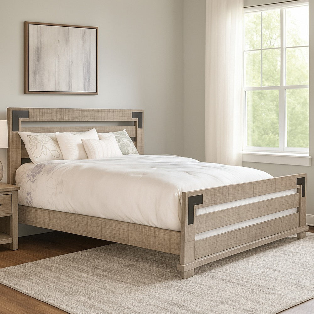 Desy King Size Platform Bed, Slatted Headboard, Farmhouse Light Brown