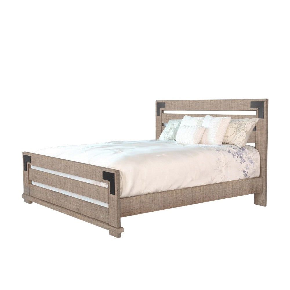 Desy Queen Size Platform Bed Slatted Headboard Farmhouse Light Brown