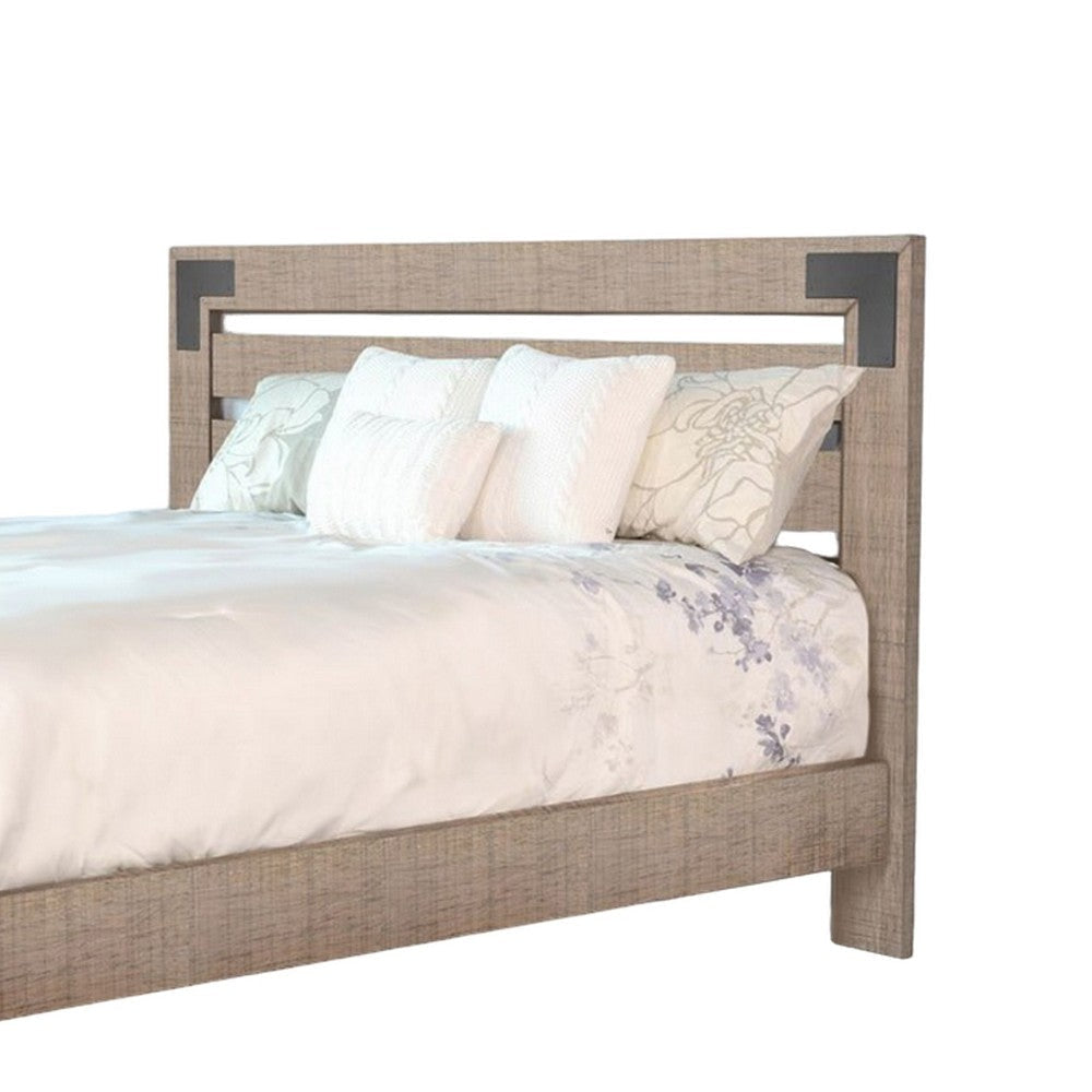 Desy Queen Size Platform Bed Slatted Headboard Farmhouse Light Brown