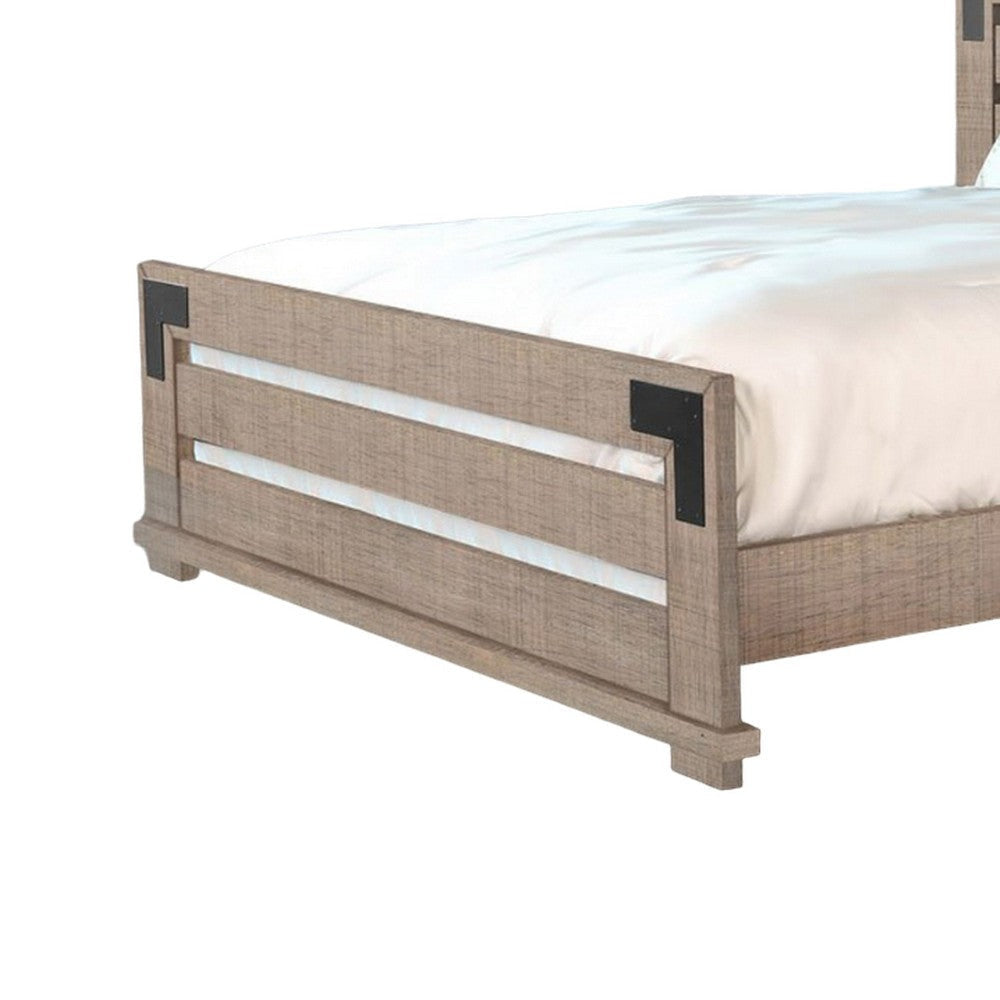 Desy Queen Size Platform Bed Slatted Headboard Farmhouse Light Brown