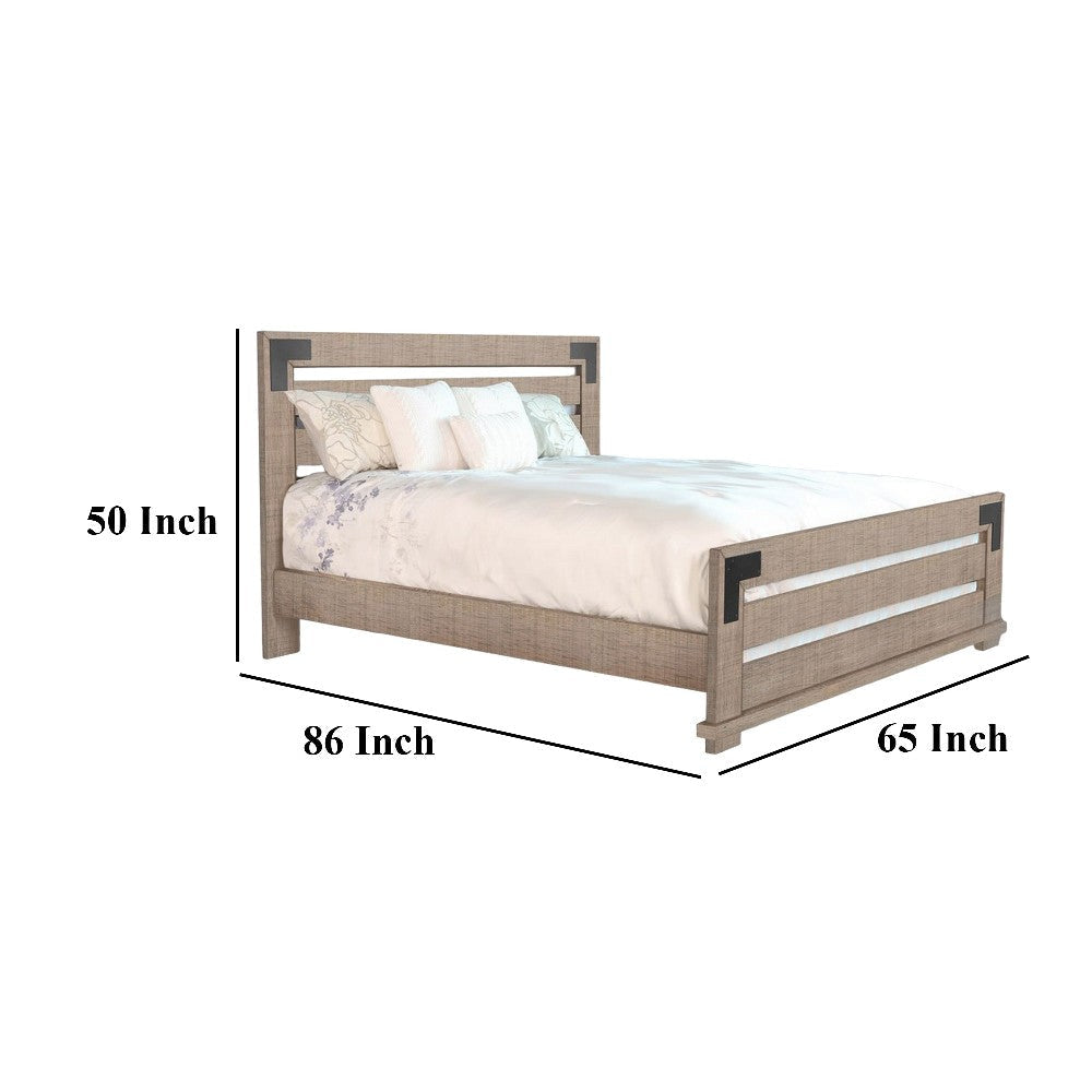 Desy Queen Size Platform Bed Slatted Headboard Farmhouse Light Brown