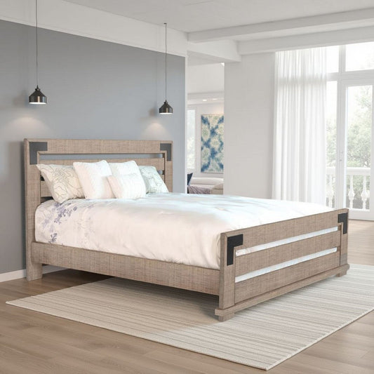 Desy Queen Size Platform Bed, Slatted Headboard, Farmhouse Light Brown