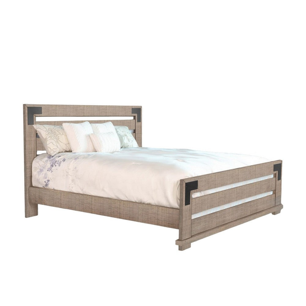 Desy Queen Size Platform Bed, Slatted Headboard, Farmhouse Light Brown