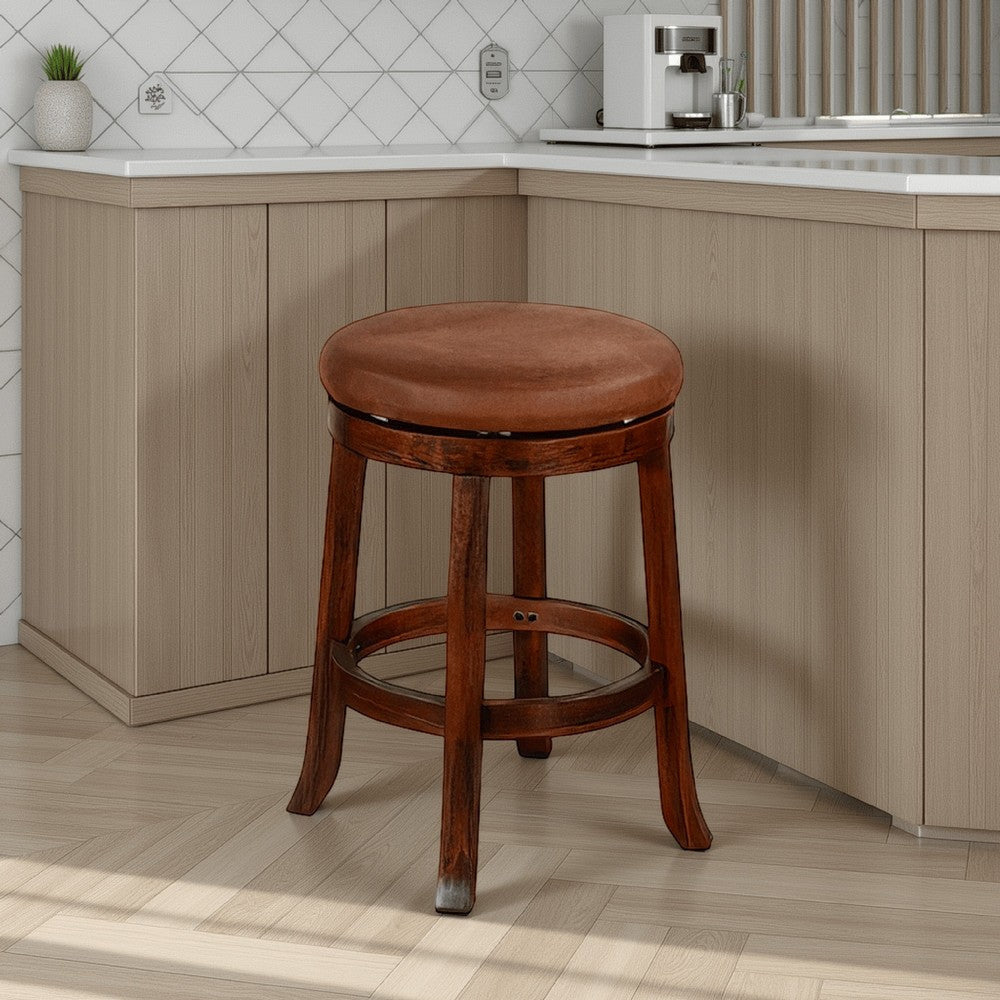 Odel Swivel Counter Stool Set of 2, Brown Faux Leather, Dark Mahogany