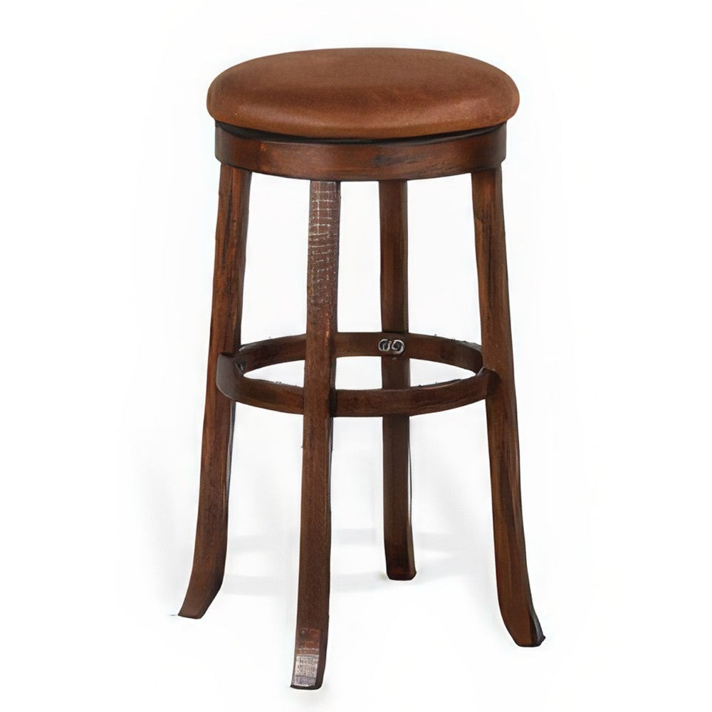 Odel Swivel Barstool Set of 2, Brown Faux Leather, Dark Mahogany Wood