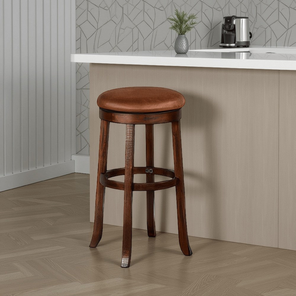 Odel Swivel Barstool Set of 2, Brown Faux Leather, Dark Mahogany Wood
